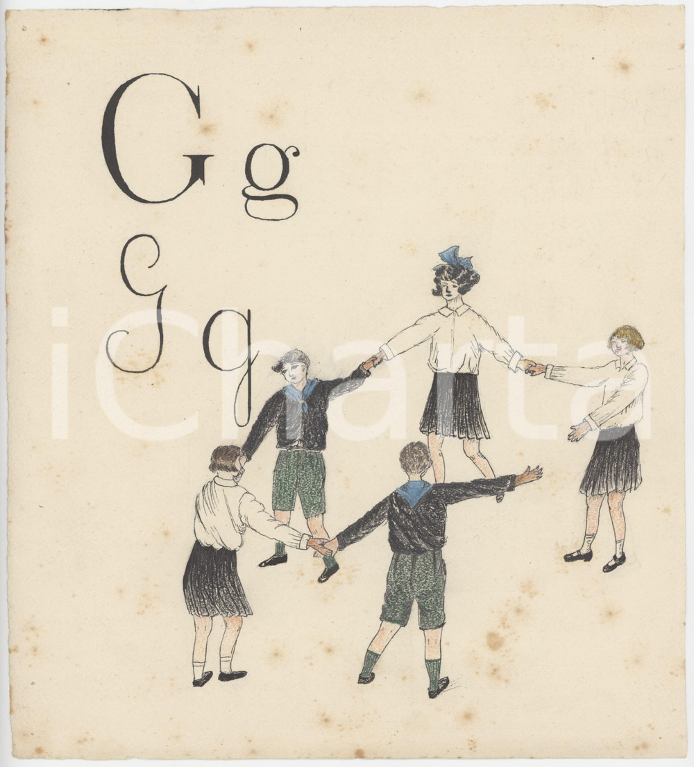 1930 ca ABBECEDARIO FASCISMO G di Girotondo - Tavola DISEGNATA A MANO 21x23 cm