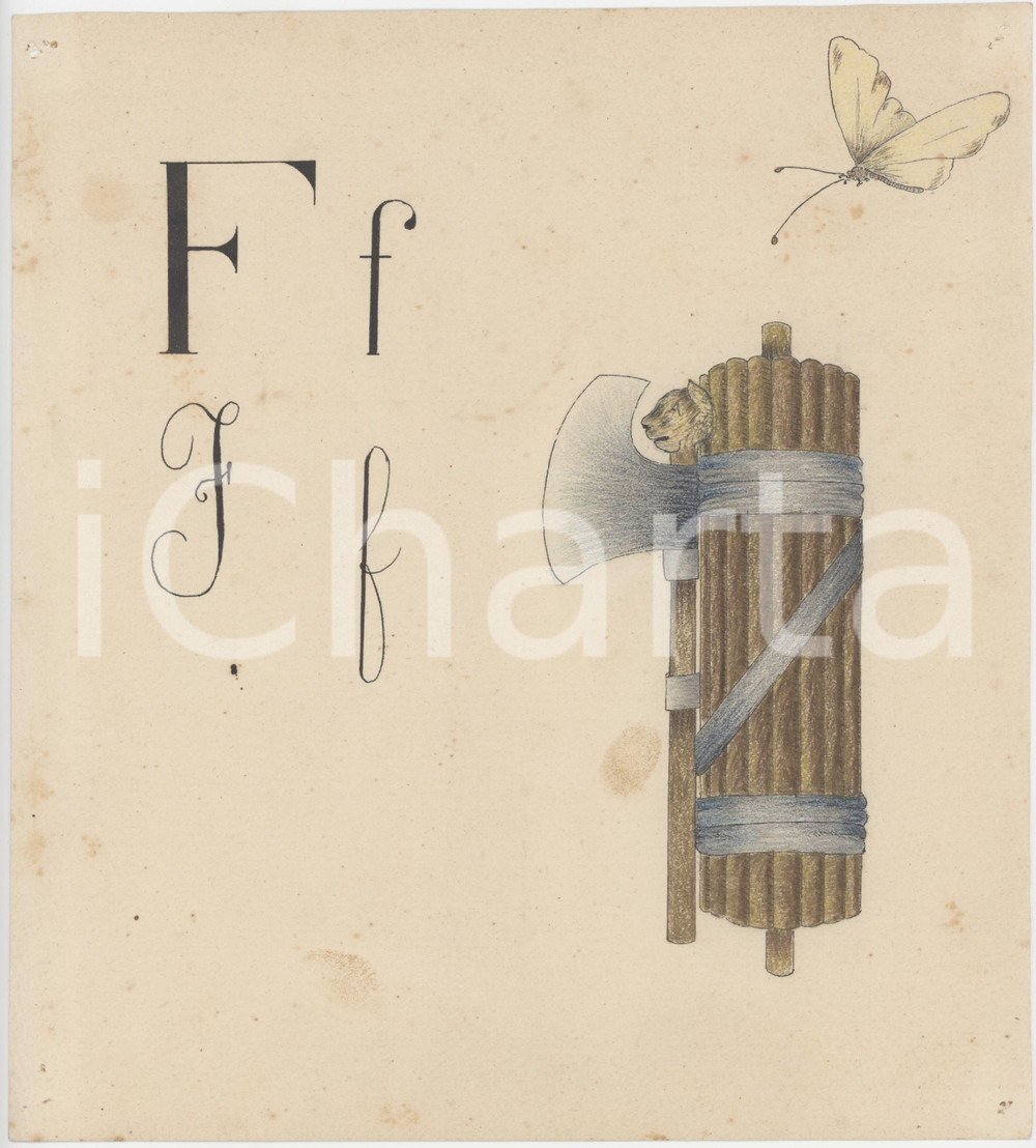 1930 ca ABBECEDARIO FASCISMO - F di fascio littorio - Tavola DISEGNATA A MANO
