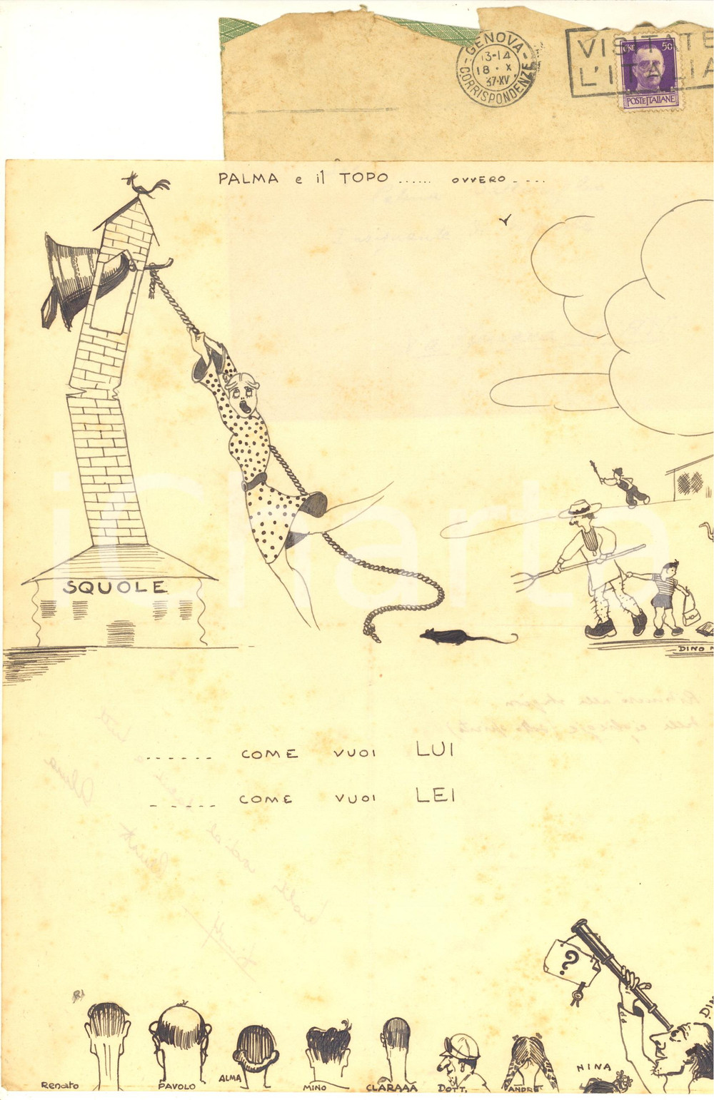 1937 SATIRA Palma e il topo - Disegno originale a china 23x28 cm