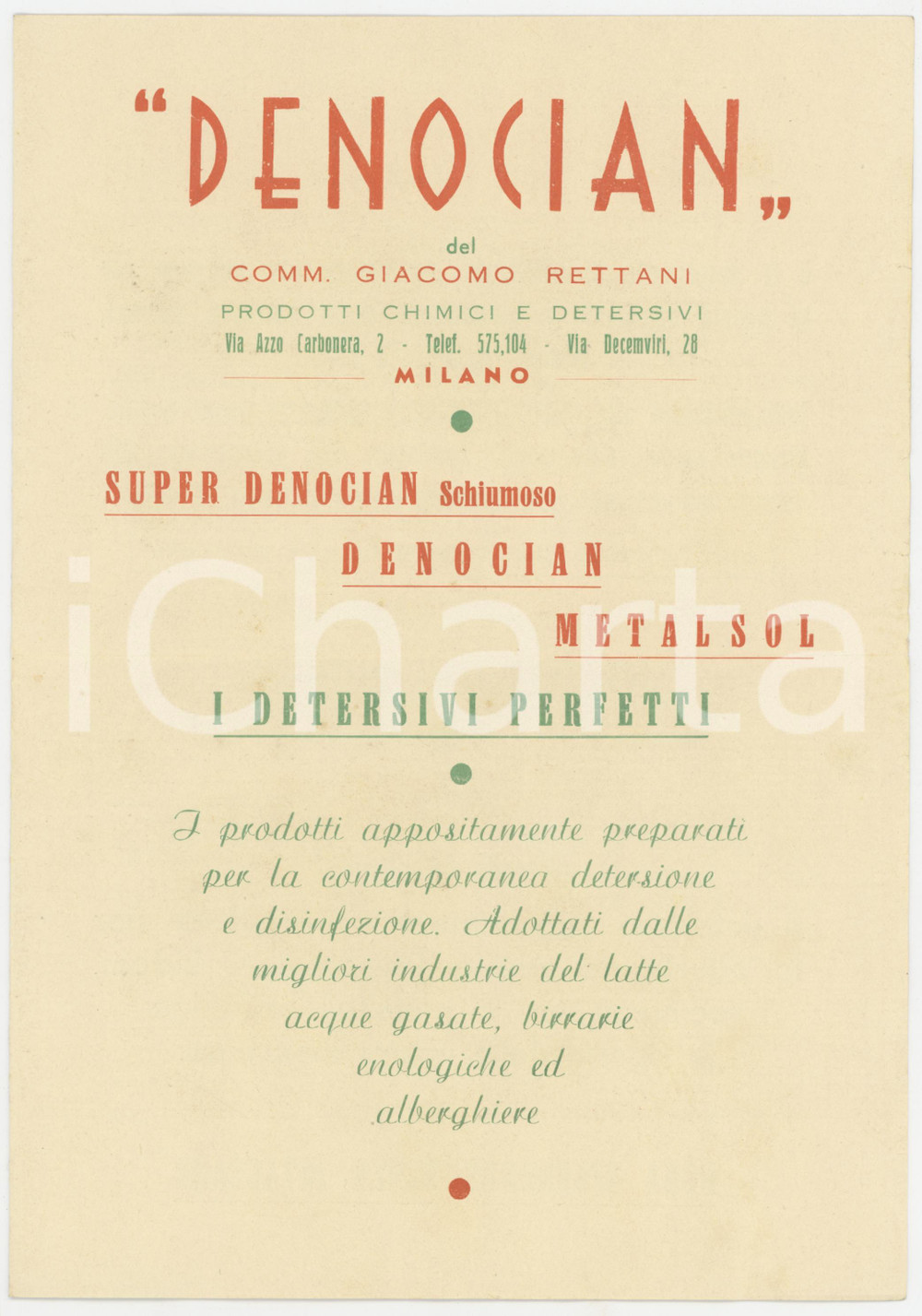 1935 MILANO Ditta Giacomo RETTANI - DENOCIAN e METALSOL Detersivi ^Pieghevole