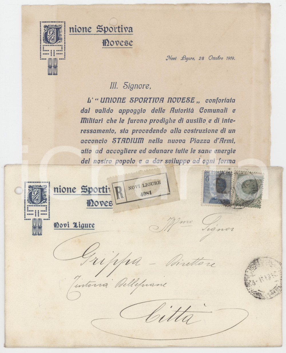 Documento originale, autentico 1919 NOVI LIGURE Unione Sportiva Novese  Contributo per nuovo stadio 1