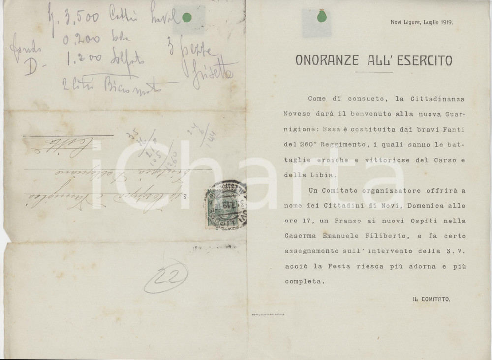 1919 NOVI LIGURE Festa di benvenuto nuova guarnigione 260° Reggimento *Invito