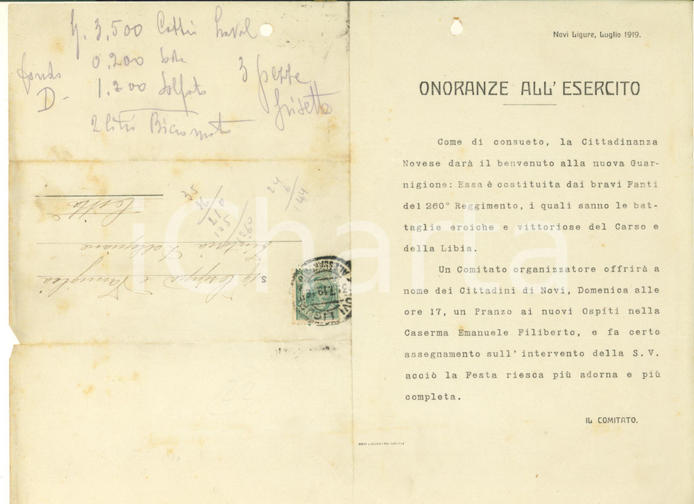 Documento originale, autentico 1919 NOVI LIGURE Festa di benvenuto nuova guarnigione 260° Reggimento Invito 1