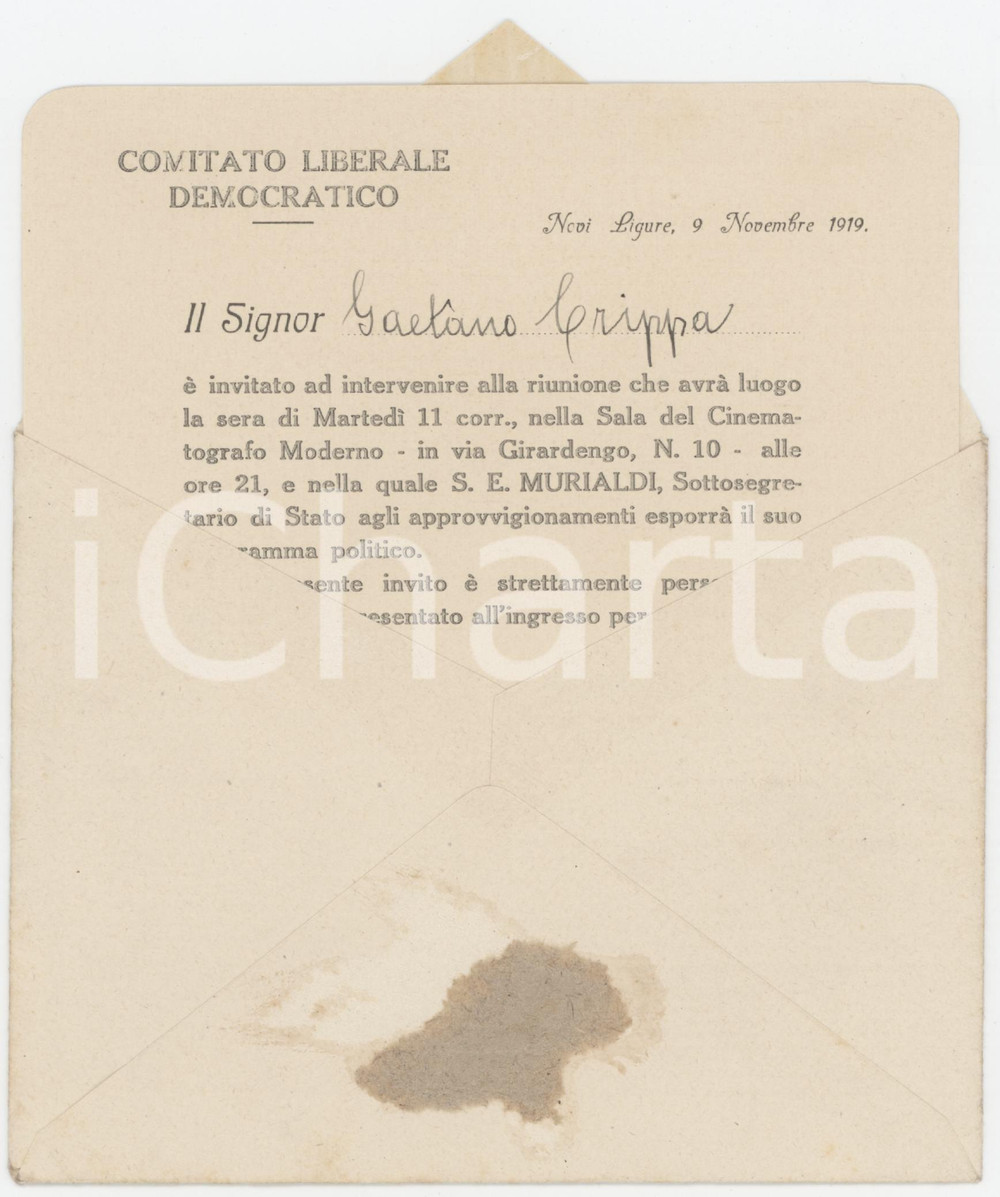 Documento originale, autentico 1919 NOVI LIGURE Comitato Liberale Democratico  Invito per riunione 1