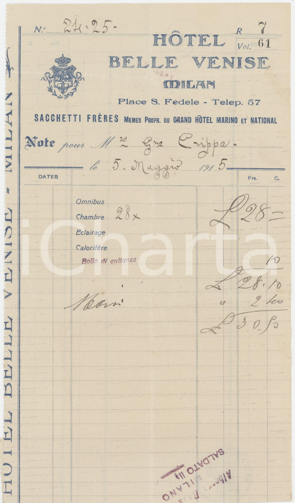 Documento originale, autentico 1915 MILANO Piazza San Fedele  Albergo BELLA VENEZIA Ricevuta 1