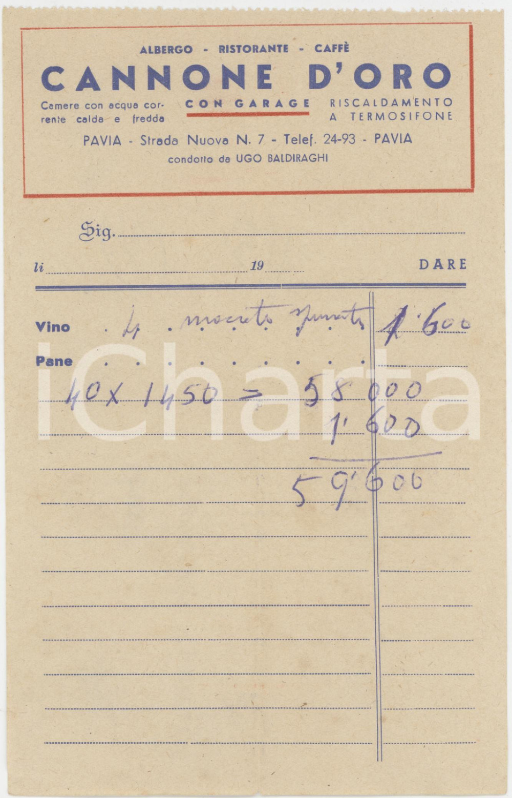Documento originale, autentico 1955 ca PAVIA CafféRistorante CANNONE D ORO   Conto manoscritto 1