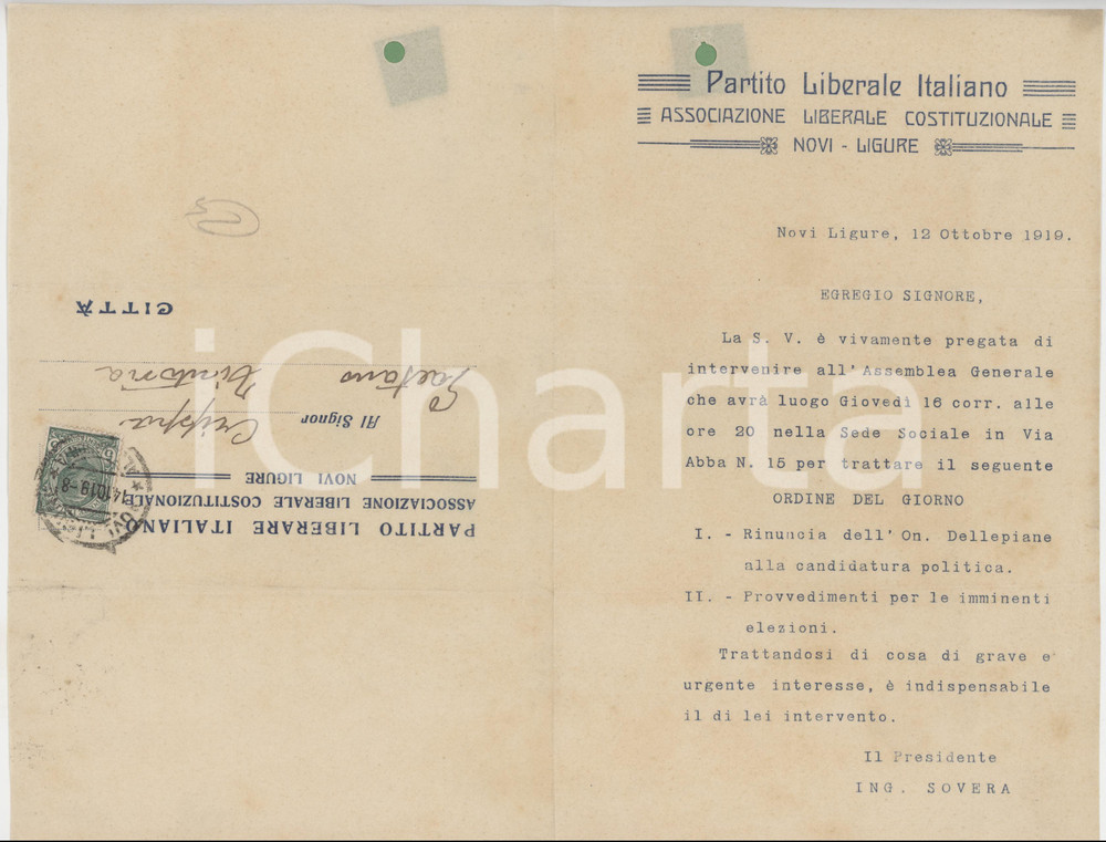 1919 NOVI LIGURE Partito Liberale Italiano - Invito per assemblea