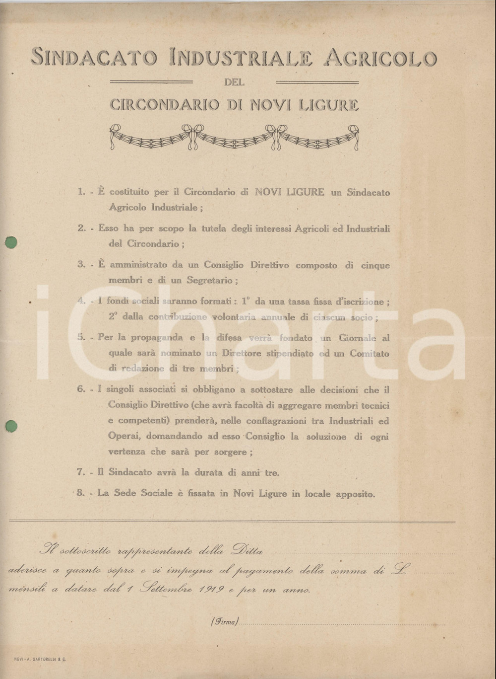 Documento originale, autentico 1919 NOVI LIGURE Sindacato Industriale Agricolo  Lettera di costituzione 1