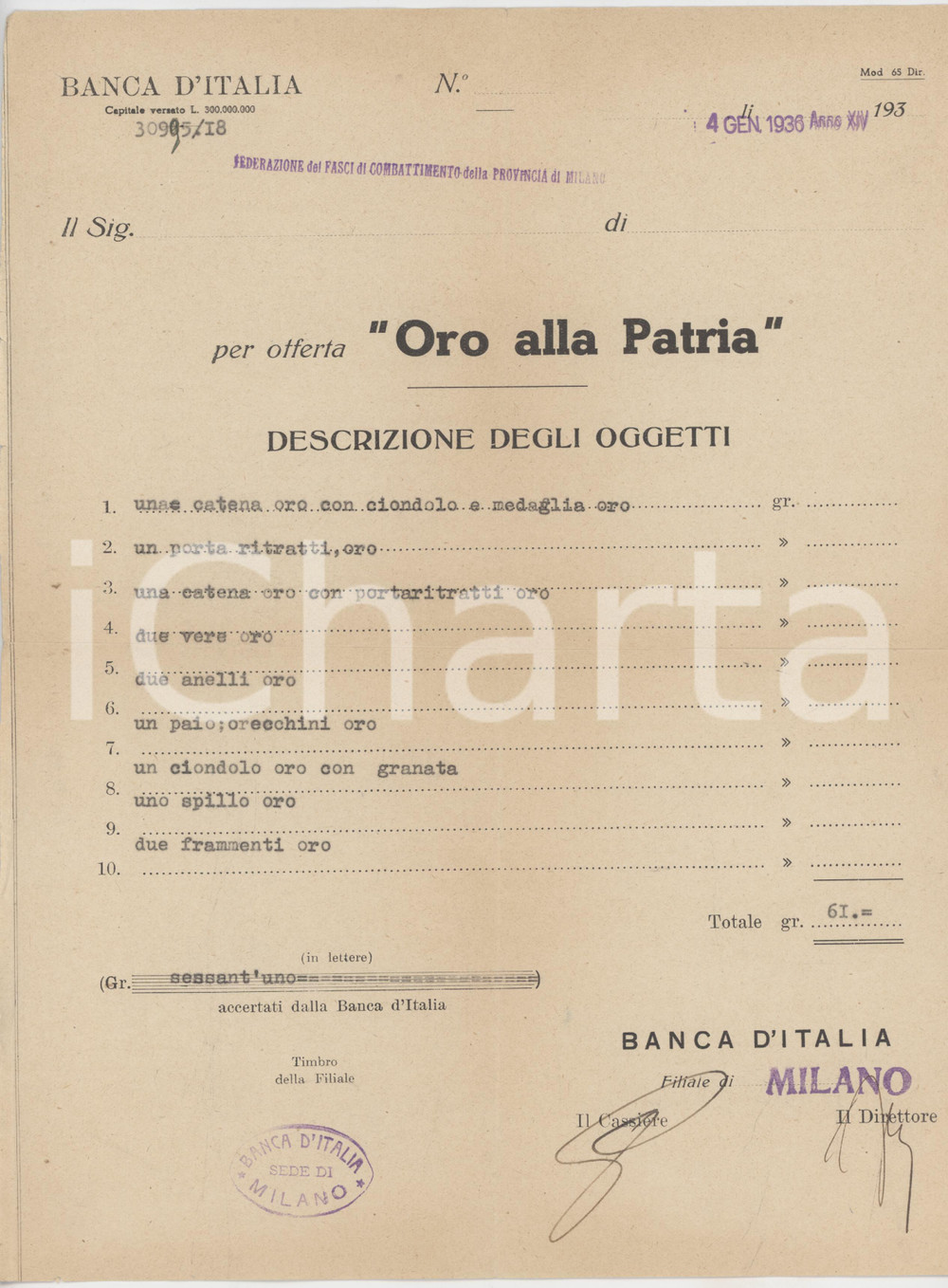 Documento originale, autentico 1936 MILANO  BANCA D ITALIA  Ricevuta per offerta di oro alla patria 1