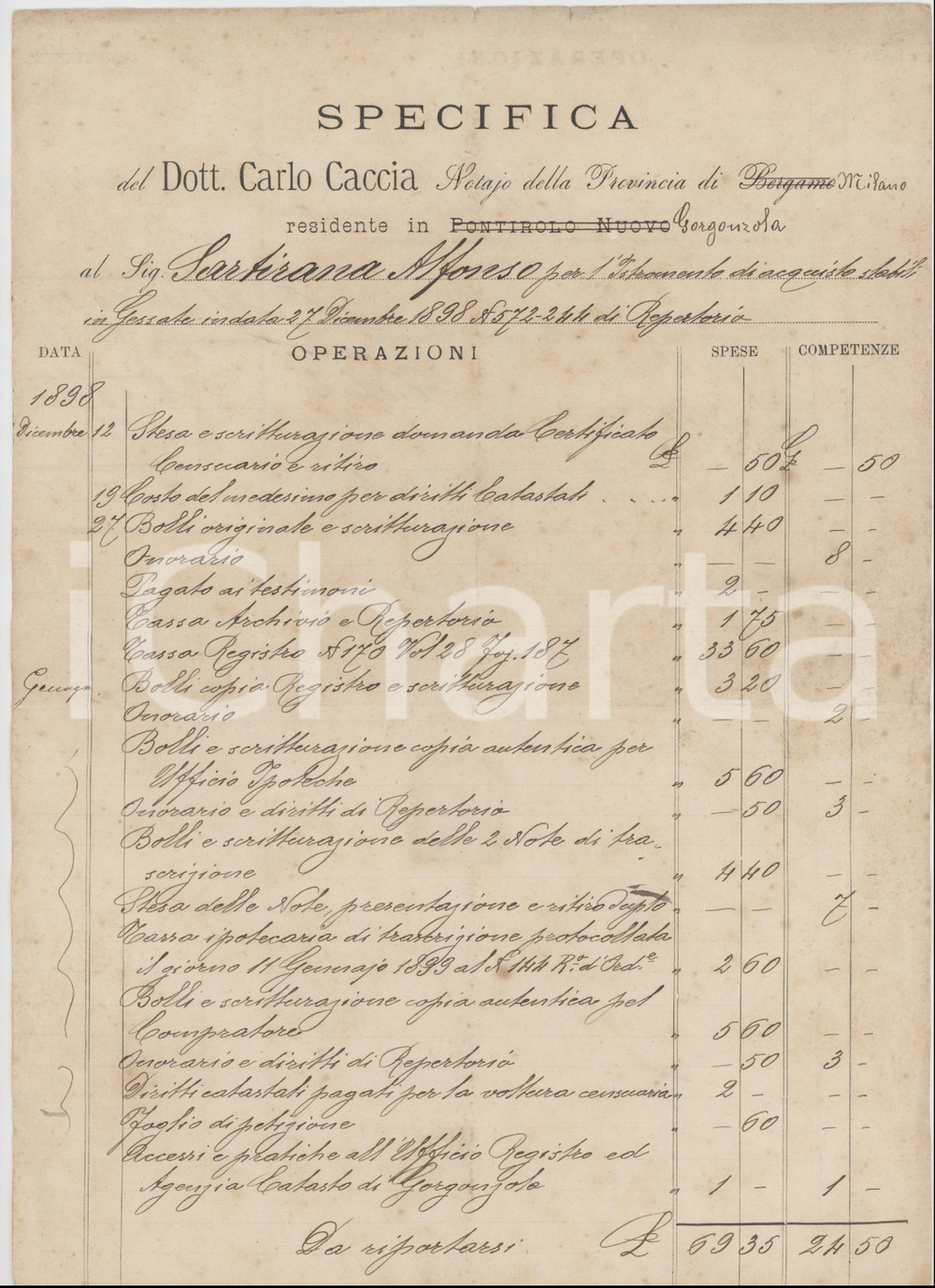 Documento originale, autentico 1898 GORGONZOLA MI Specifica notaio Carlo CACCIA per istromento di acquisto 1