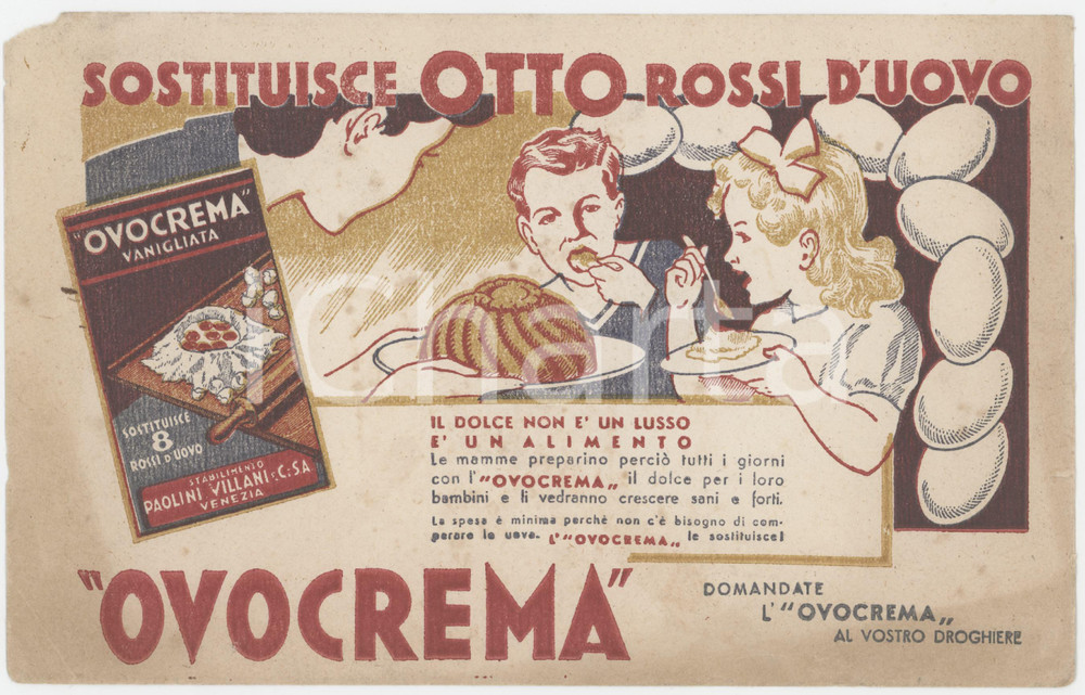 1940 ca VENEZIA Ditta PAOLINI-VILLANI - OVOCREMA *Carta assorbente (5)   Pubblicit&agrave; originale d'epoca, su carta assorbente. POOR/danneggiato mancanza angolare e bruniture Formato: 23x15 cm originale e autentica 1