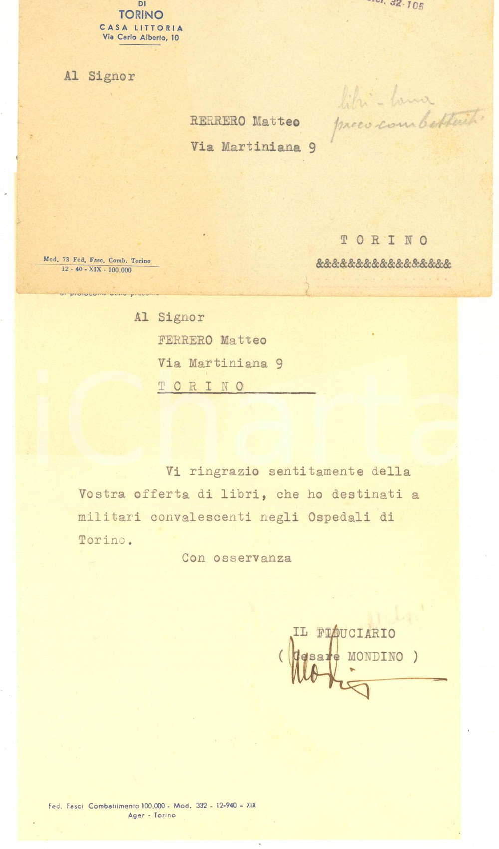 1941 TORINO PNF Lettera Cesare MONDINO per offerta libri *AUTOGRAFO