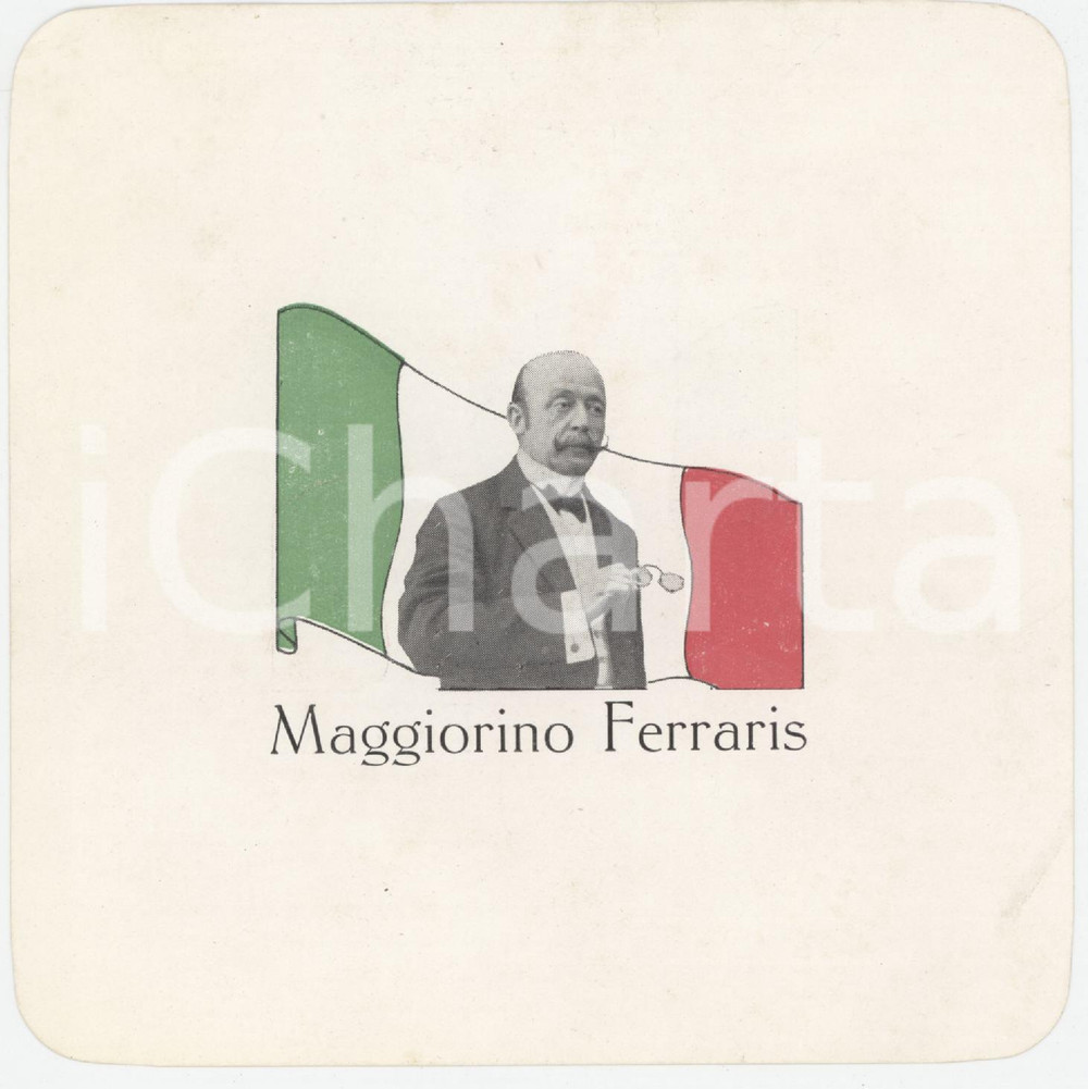 1910 ca POLITICA ITALIA On. Maggiorino FERRARIS con il tricolore ^Biglietto   Biglietto originale d'epoca, realizzato probabilmente a scopo di propaganda, con stampa dell'immagine sulle due facciate. GOOD/buono  Formato: 12x12 cm originale e autentica 1