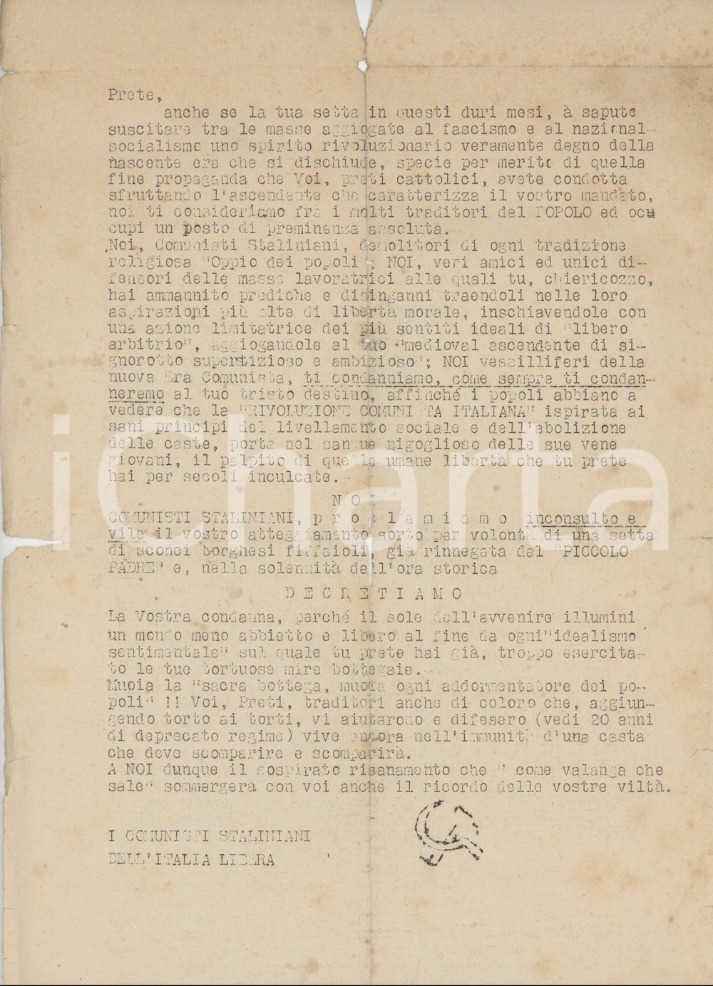 1943-45 COMUNISTI STALINIANI dell'Italia Libera - Condanna dei preti *Volantino