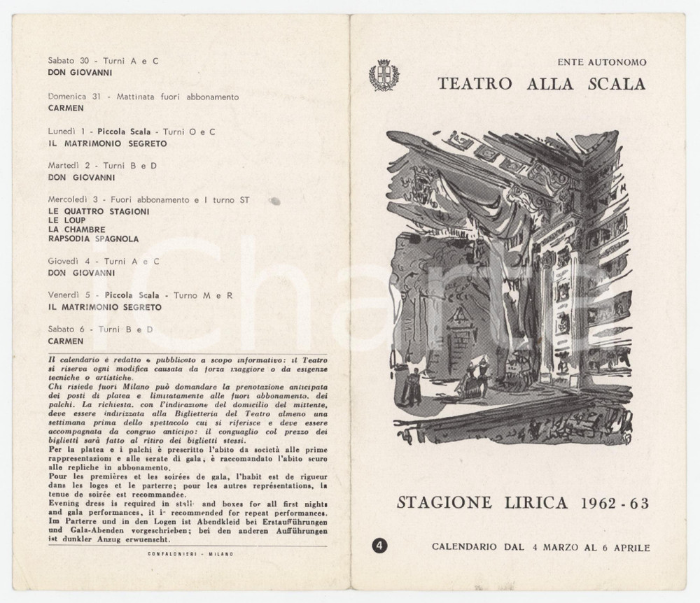 1962-63 MILANO TEATRO ALLA SCALA Calendario Stagione Lirica *4 pp.