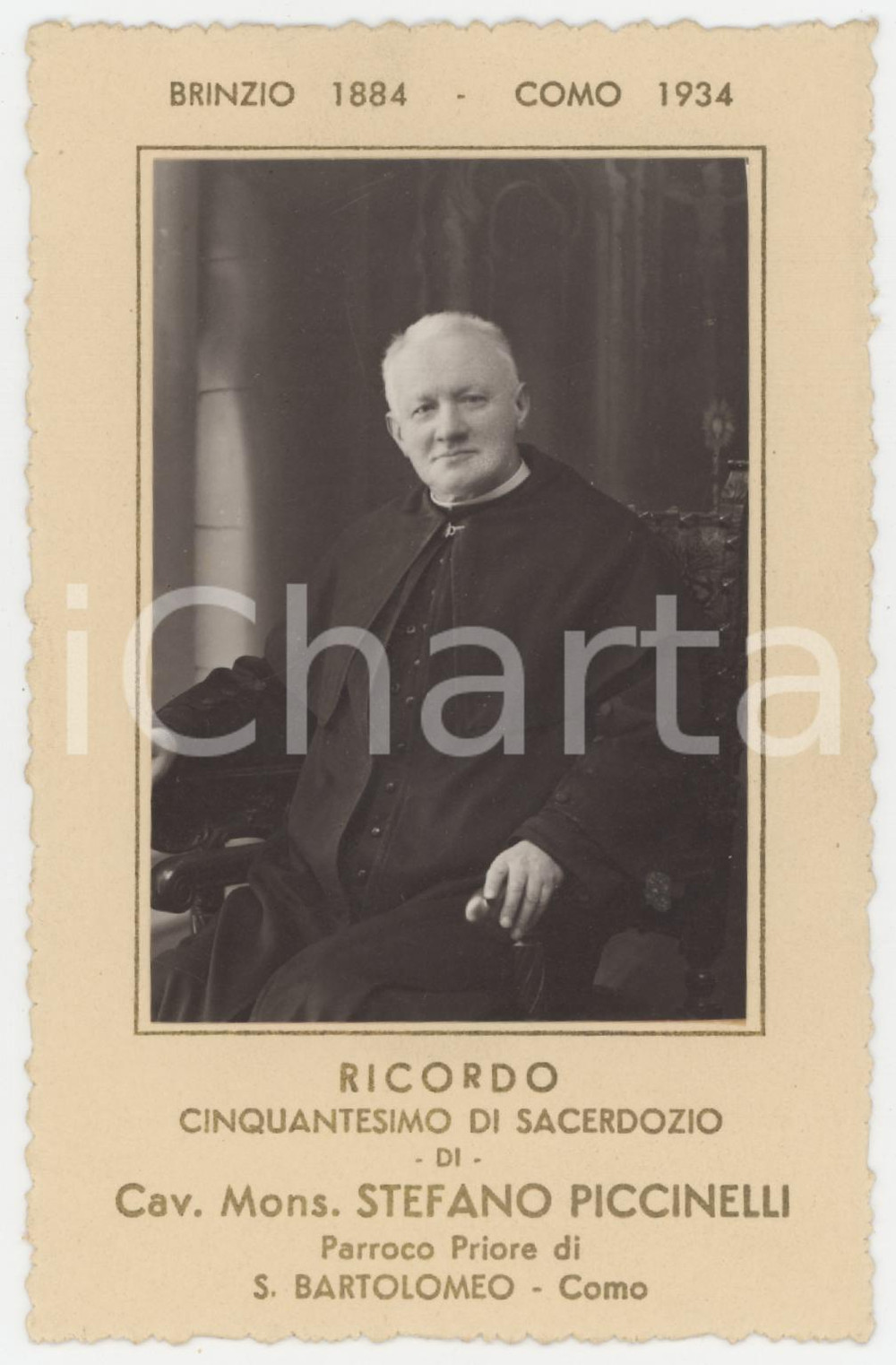 Oggetto da collezione cartaceo 1934 COMO Cav. Mons. Stefano PICCINELLI 50Â° di sacerdozio Ricordo AUTOGRAFO 1