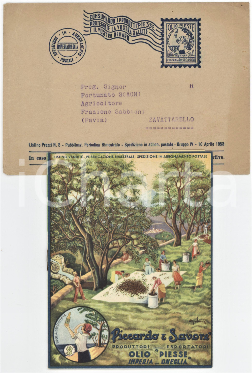 1953 IMPERIA ONEGLIA - Ditta RICCARDO & SAVORE' - Olio PIESSE - Listino prezzi