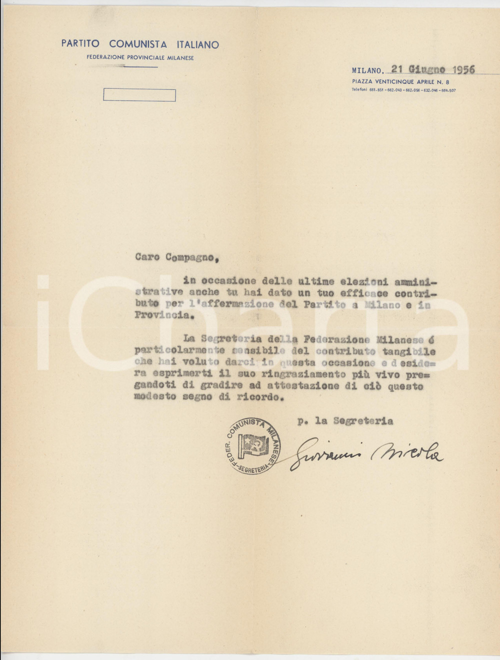 1956 MILANO PCI Lettera Giovanni NICOLA per ringraziamento *Autografo