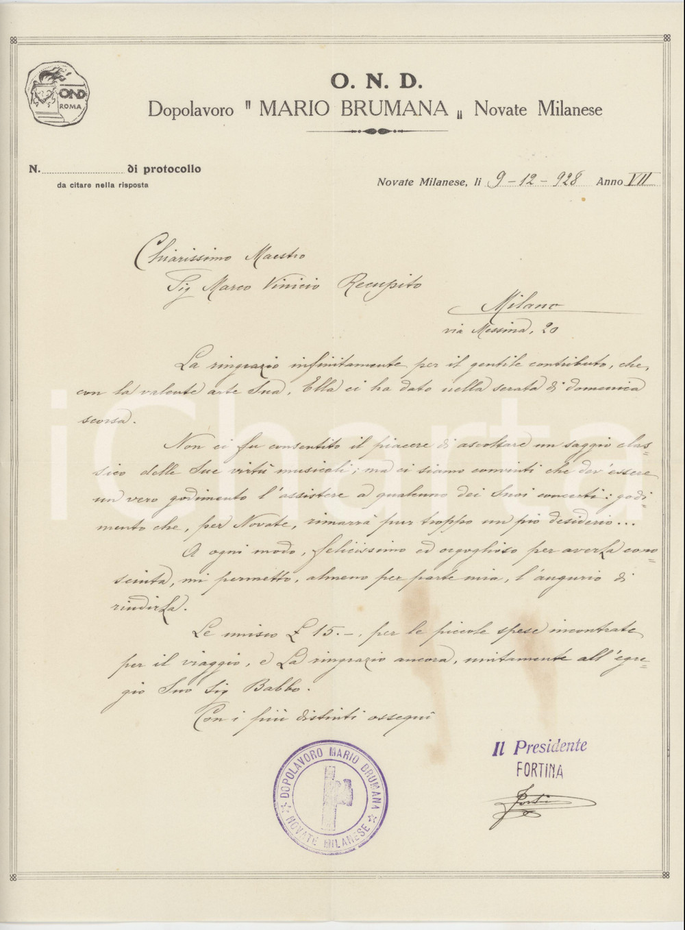 1928 OND NOVATE MILANESE Dopolavoro "Mario Brumana" - Ringraziamenti a RECUPITO