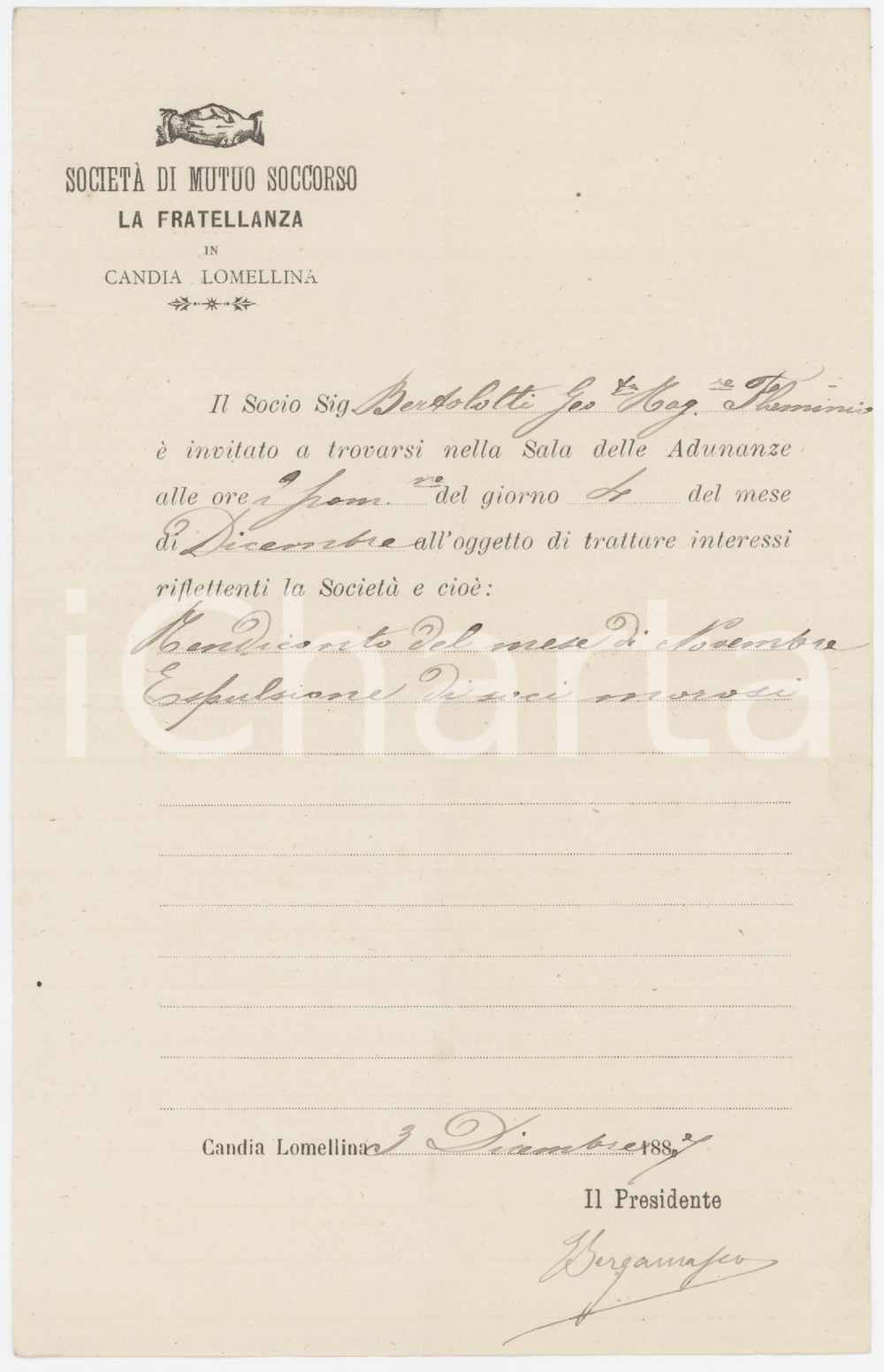 1887 CANDIA LOMELLINA Società Mutuo Soccorso LA FRATELLANZA Lettera assemblea