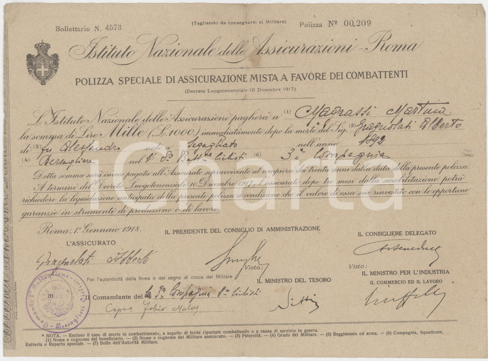 1918 ROMA Istituto Nazionale Assicurazioni d'ITALIA - Polizza mista combattenti