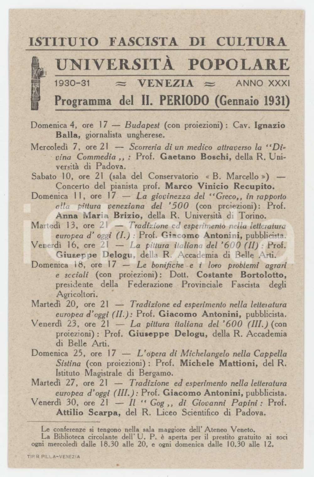 1931 VENEZIA Istituto Fascista di Cultura - università Popolare - Programma