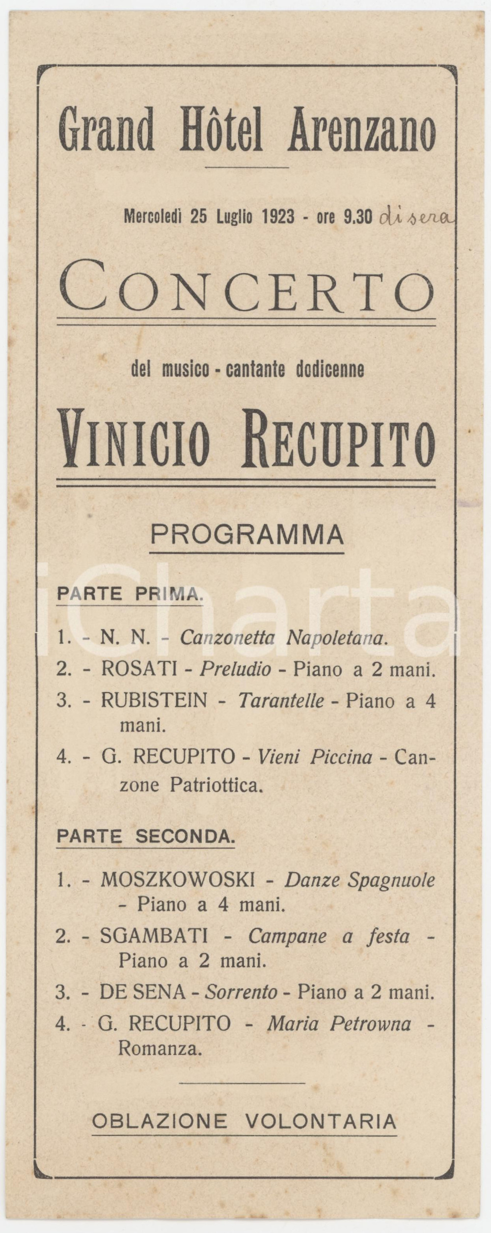 1923 ARENZANO Grand Hotel - Concerto Vinicio RECUPITO dodicenne *Programma