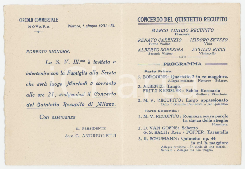 1931 NOVARA Circolo commerciale - Concerto Quintetto RECUPITO - Programma