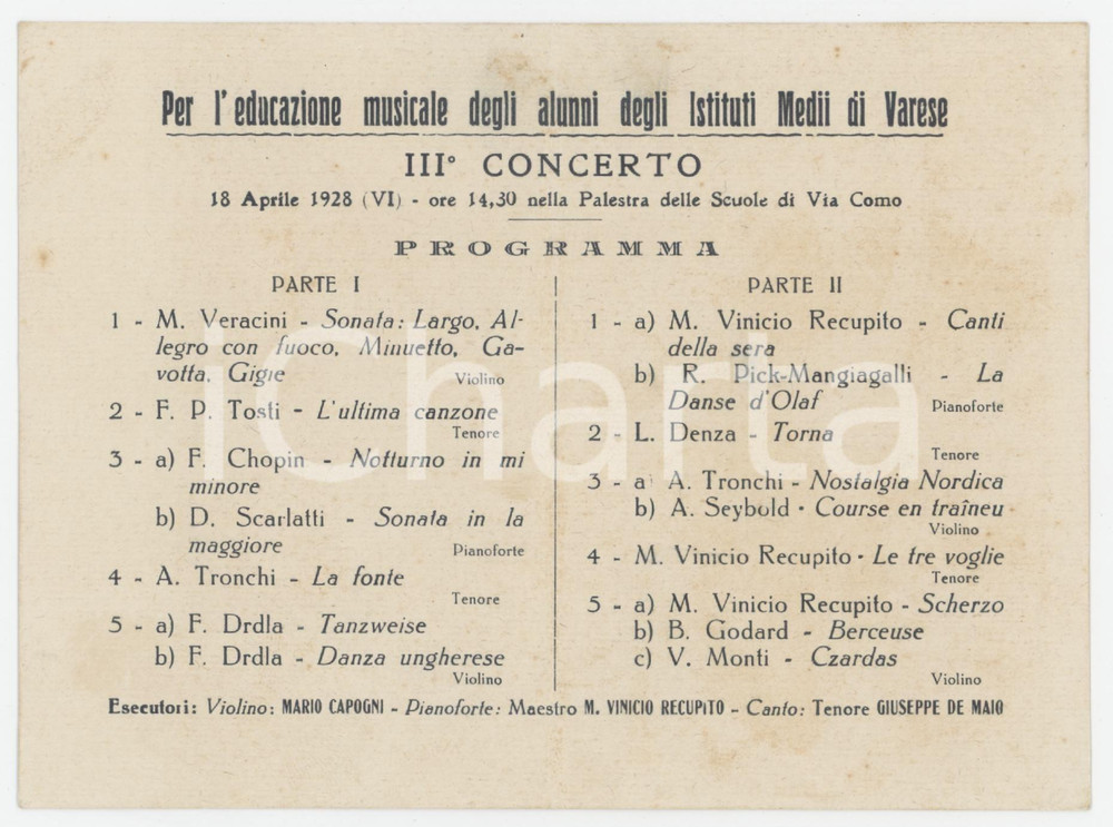 1928 VARESE Concerto per gli alunni degli istituti medii - Programma