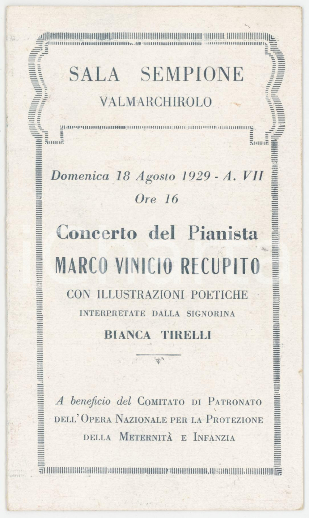 1929 MARCHIROLO Sala Sempione - Concerto Marco Vinicio RECUPITO *DANNEGGIATO