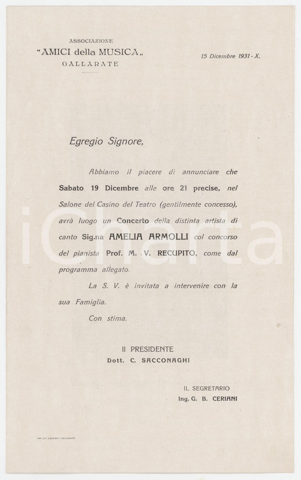 1931 GALLARATE - AMICI DELLA MUSICA - Concerto Amelia ARMOLLI - Programma