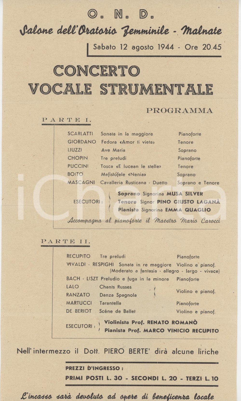1944 OND MALNATE Oratorio Femminile - Concerto vocale strumentale - Programma