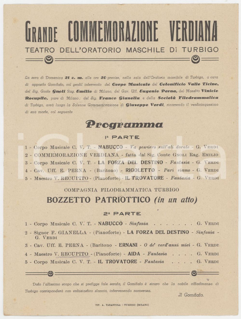 1930 ca TURBIGO Teatro Oratorio - Commemorazione verdiana - Programma concerto