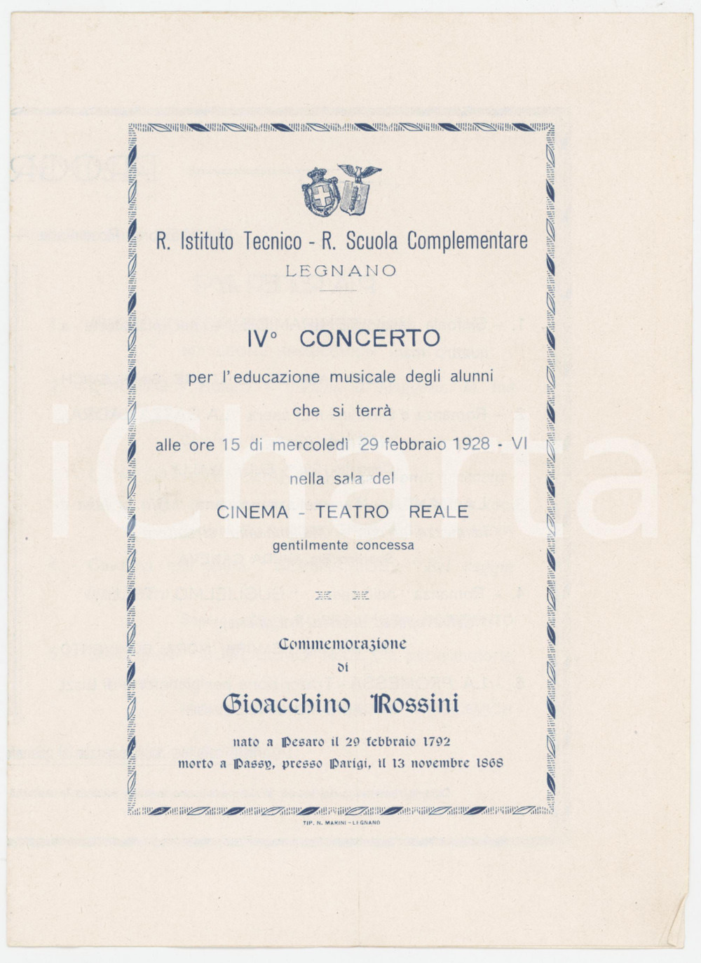 1928 LEGNANO Cinema-Teatro - IV Concerto alunni Istituto Tecnico *Programma