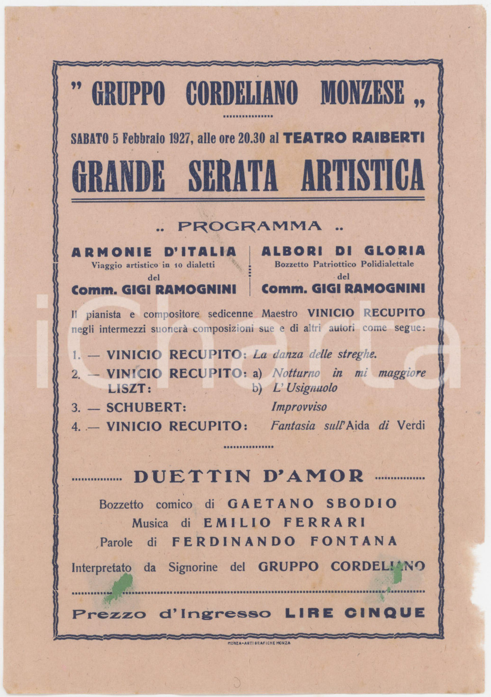 1927 MONZA Teatro Raiberti - Gruppo Cordeliano - Serata artistica - Programma