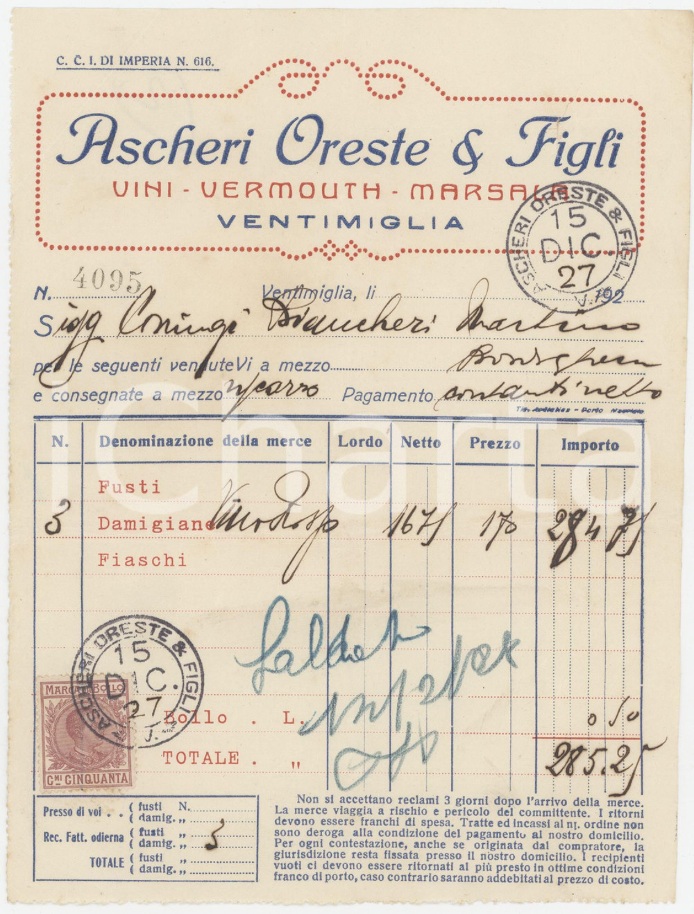 1927 VENTIMIGLIA (IM) Oreste ASCHERI & Figli Vini Vermouth Marsala - Fattura (2)