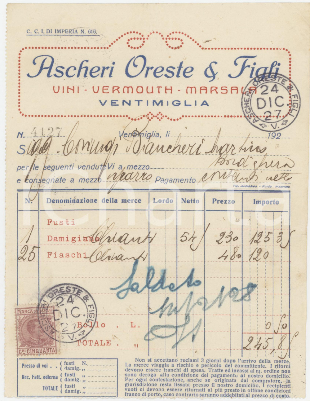 1927 VENTIMIGLIA (IM) Oreste ASCHERI & Figli Vini Vermouth Marsala - Fattura (1)