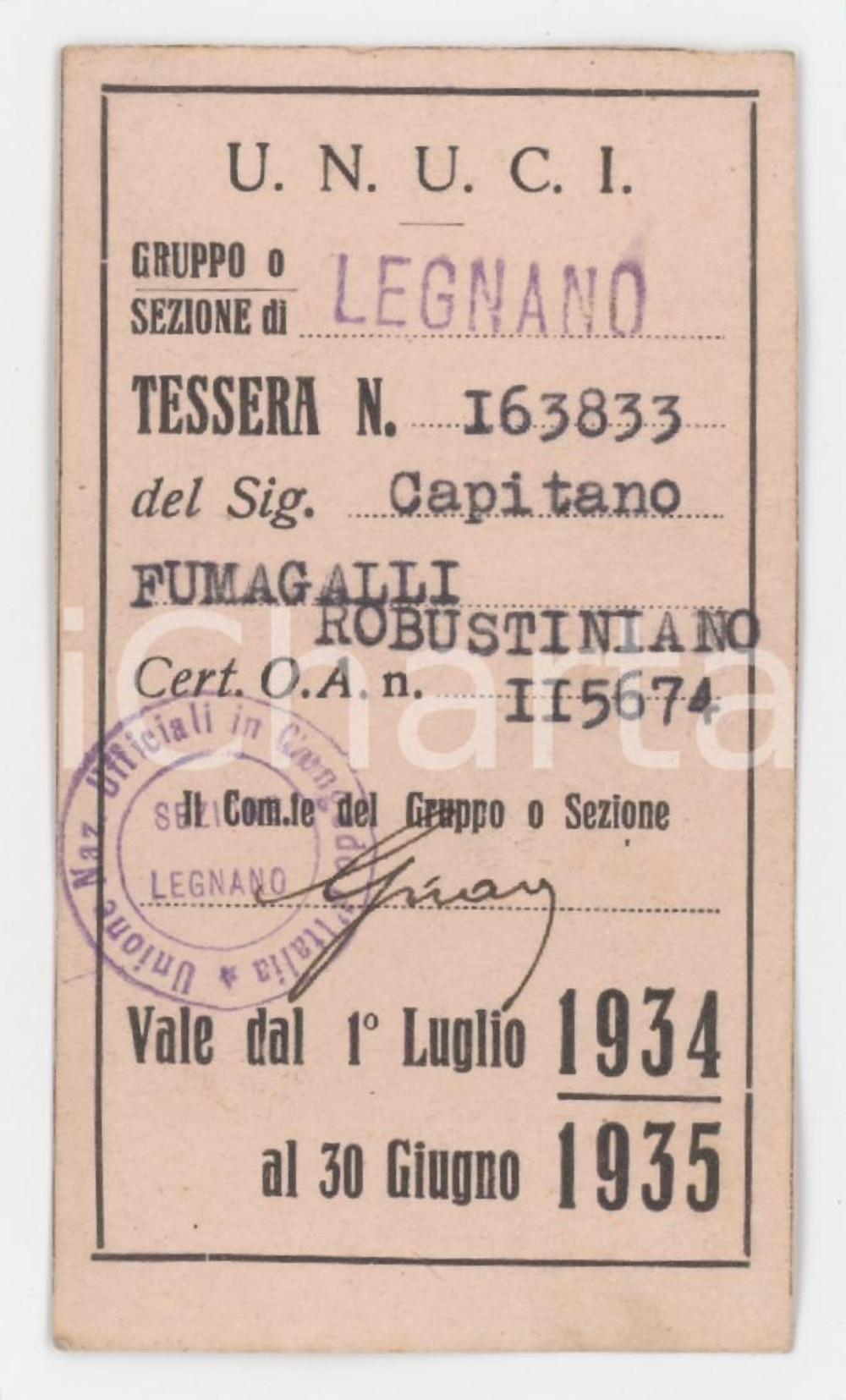 1934 LEGNANO (MI) Tessera U.N.U.C.I. cap. Robustiniano FUMAGALLI