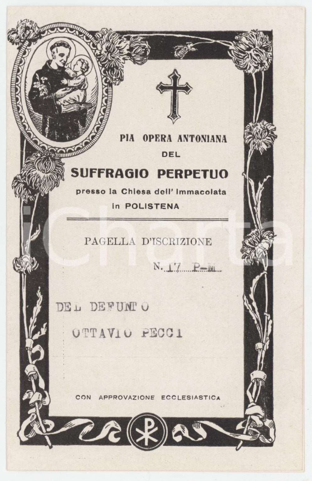 1910 POLISTENA Pia Opera Antoniana del Suffragio Perpetuo *Iscrizione defunto