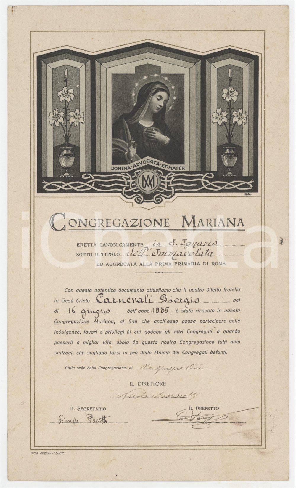 1935 CONGREGAZIONE MARIANA - S. Ignazio - Attestato Giorgio CARNEVALI