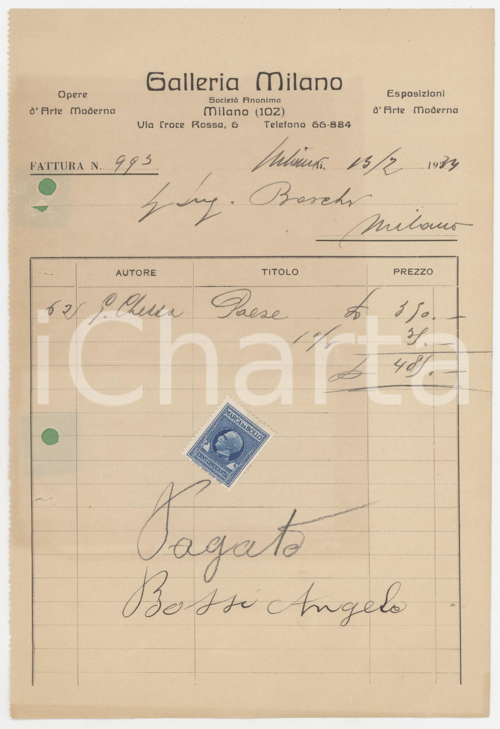 1935 MILANO Galleria MILANO- Ricevuta vendita opera di Pietro MARUSSIG