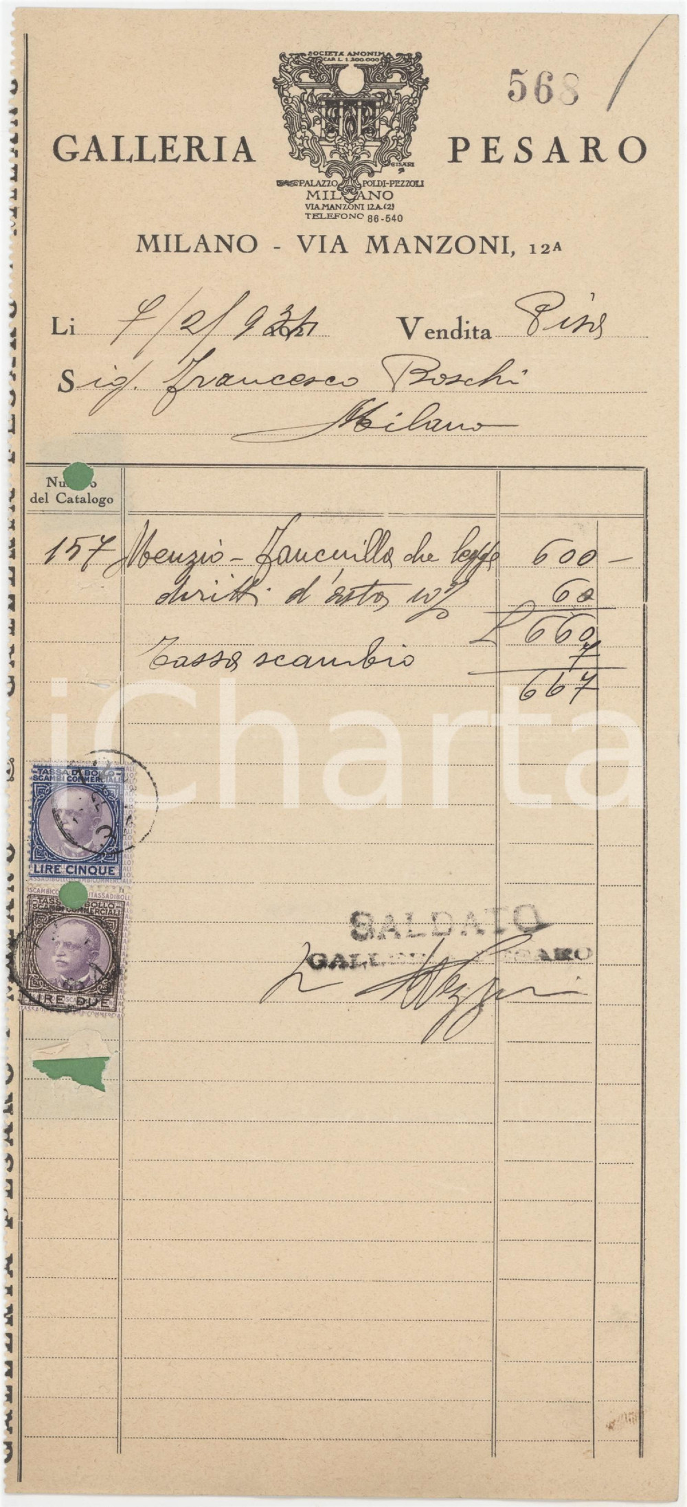 1933 MILANO Galleria PESARO - Ricevuta vendita opera di Francesco MENZIO Ricevuta originale della galleria d'arte di via Manzoni, su carta intestata, relativa alla vendita della "Fanciulla che legge" di Francesco Menzio.Bolli.  POOR/danneggiato piegatura centrale d'epoca; fori da classificatore con strappo Formato: 13x28 cm originale e autentica 1