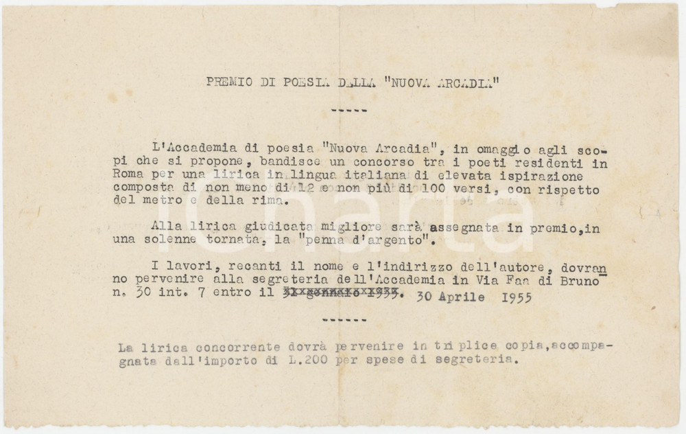 1955 MILANO Premio di poesia NUOVA ARCADIA - Bando di concorso