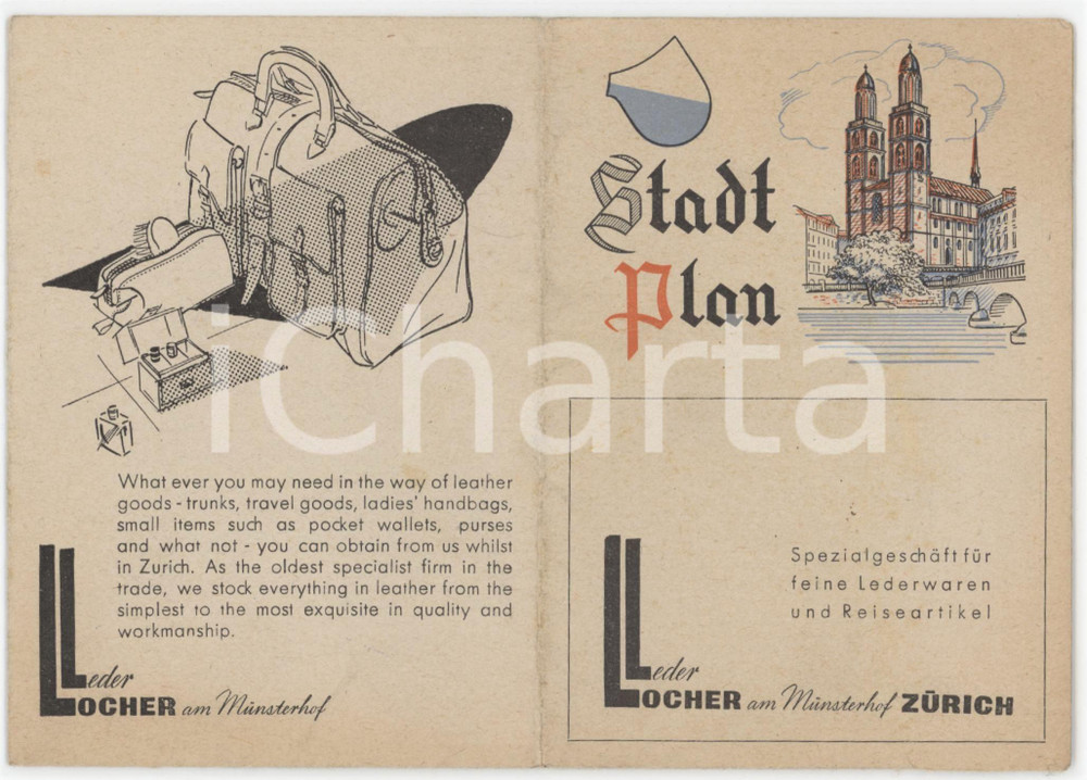 1950 ca TOURISM ZURICH - Vintage brochure with map *Ad LEDER LOCHER