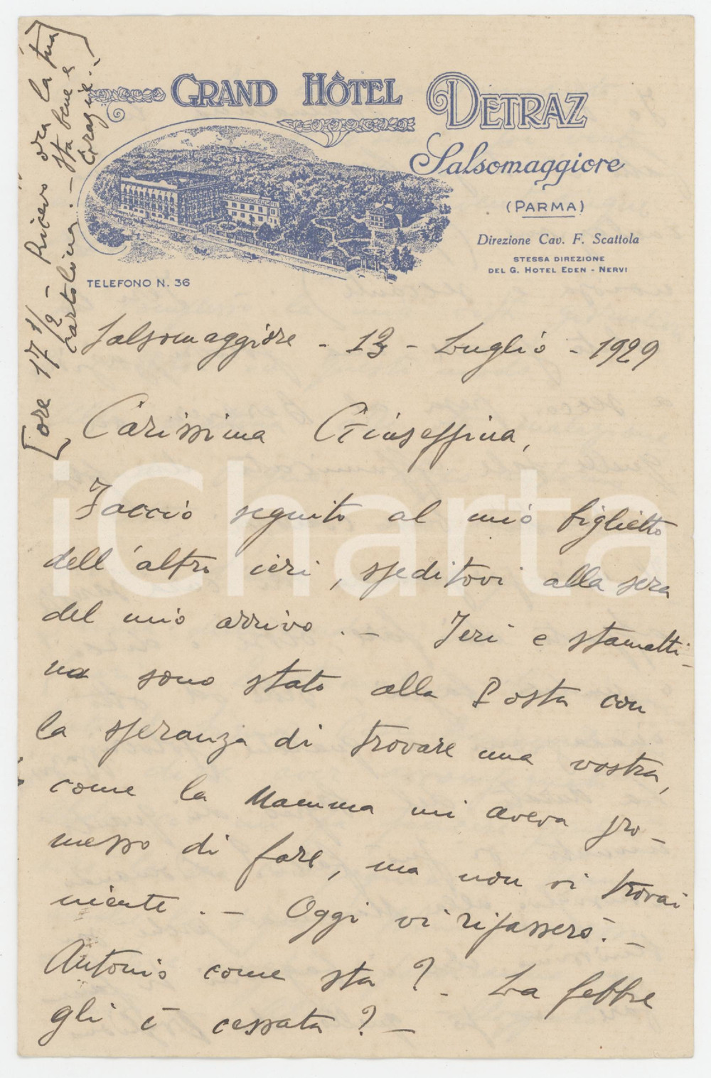 1929 SALSOLMAGGIORE TERME Grand Hotel DETRAZ - Lettera carta intestata