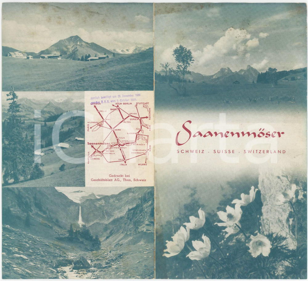 1950 ca TOURISM SWITZERLAND - Saanenmoser - Pieghevole ILLUSTRATO Pieghevole d'epoca, illustrato.PAGINE: 4 facciate  POOR/danneggiato piegature e gualciture; macchie al lato superiore Formato: 11x20 cm originale e autentica 1