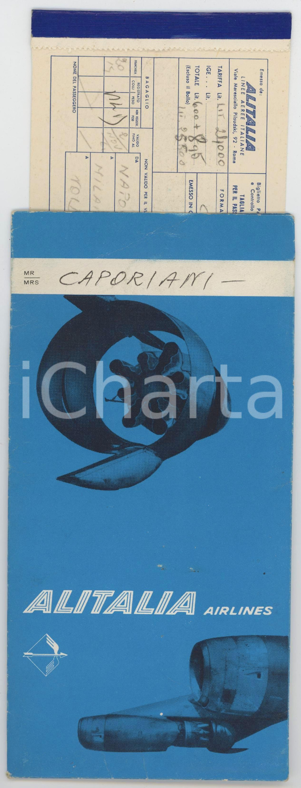 1964 ALITALIA Biglietti passeggeri NAPOLI-MILANO con custodia *VINTAGE