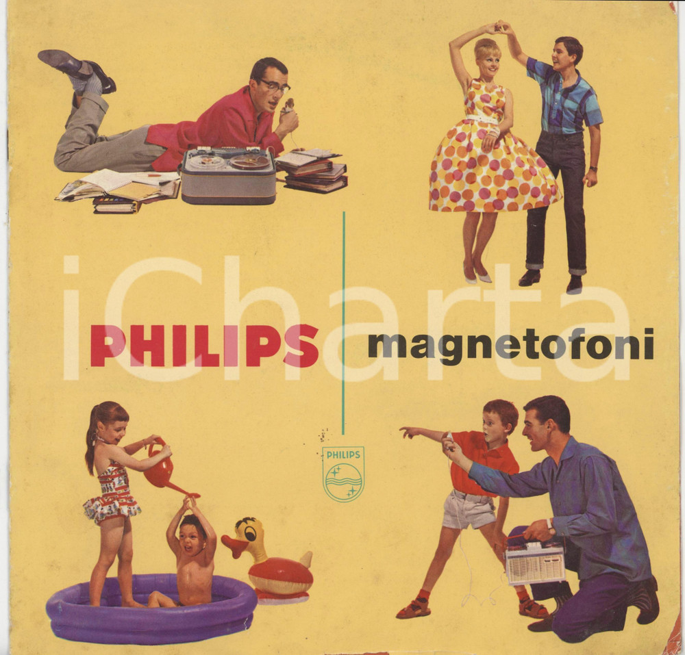 1965 ca PHILIPS - Magnetofoni - Catalogo VINTAGE ILLUSTRATO 12 pp. Catalogo pubblicitario d'epoca, illustrato a colori.PAGINE: 12 POOR/danneggiato gualciture; piegature angolari; lievi macchie Formato: 22x22 cm originale e autentica 1