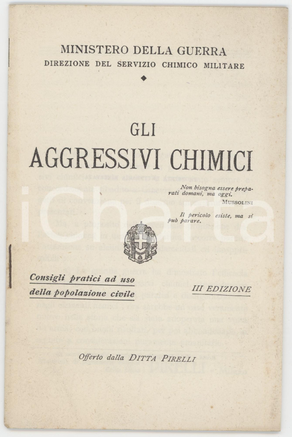1935 ca GUERRA CHIMICA PIRELLI Aggressivi chimici - Ministero Guerra *Opuscolo