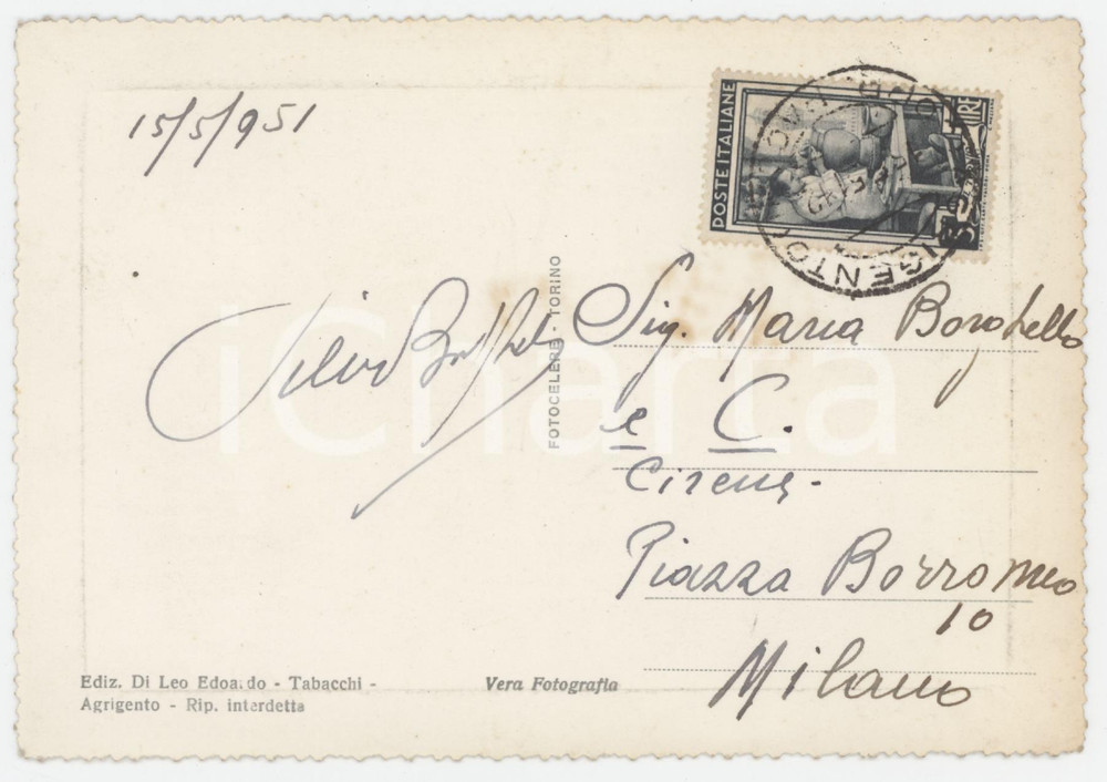 1951 AGRIGENTO Silvio BORGHELLO - Cartolina AUTOGRAFA alla famiglia